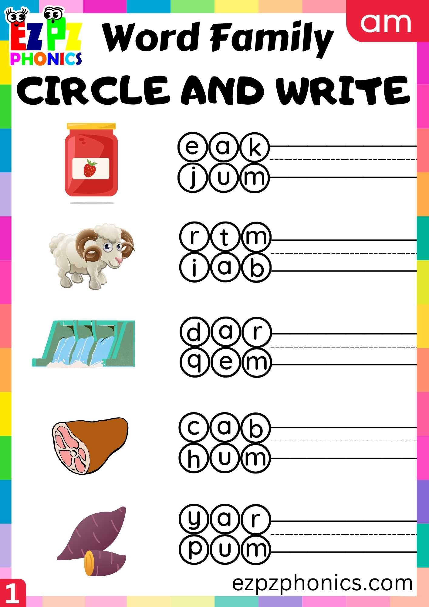 am Word Family - ezpzphonics.com for Free Printable Am Word Family Worksheets